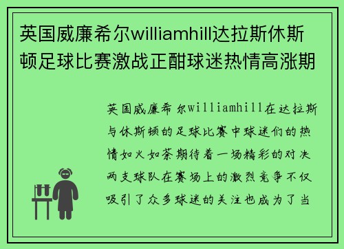 英国威廉希尔williamhill达拉斯休斯顿足球比赛激战正酣球迷热情高涨期待精彩对决